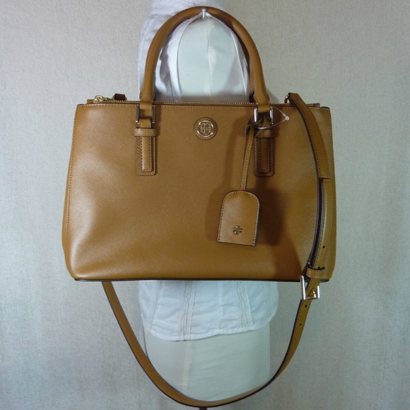 NEW Tory Burch Robinson Mini Double-Zip Tigers Eye Tan Leather Tote Bag/Satchel - Picture 8 of 14